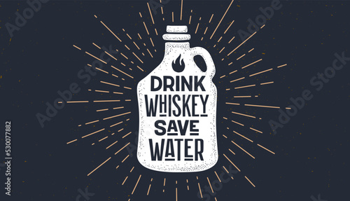 Vintage bottle. Old school poster with text Drink Whiskey Save Water. Bottle in vintage style with linear drawing light rays, sunburst and rays of sun. Hand drawn graphic design. Vector Illustration
