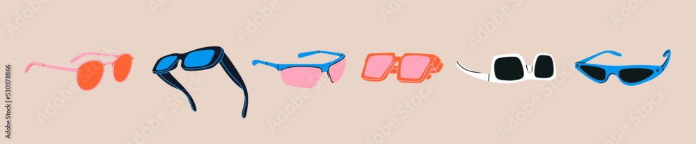 Various Sunglasses. Different shapes, colors. Plastic, metal frame. Hand drawn modern Vector illustration. Design elements set. Isolated objects. Summer fashion accessories, sun protection concept