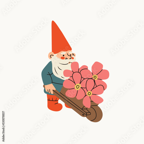 Garden gnome with wheelbarrow and flowers. Hand drawn modern Vector isolated illustration. Poster, card, print, design template. Cute fairy tale character. Garden elf. Cartoon style