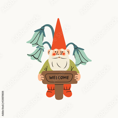 Garden gnome with welcome sign and flowers. Hand drawn modern Vector isolated illustration. Poster, card, print, design template. Cute fairy tale character. Garden elf. Cartoon style