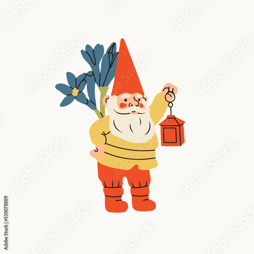 Garden gnome with lantern and flowers. Hand drawn modern Vector isolated illustration. Poster, card, print, design template. Cute fairy tale character. Garden elf. Cartoon style