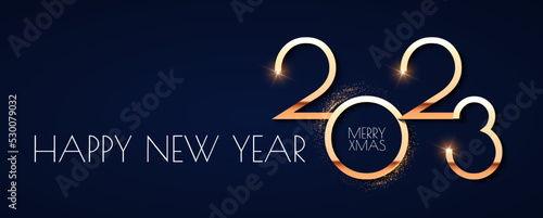Happy new 2023 year Elegant gold text with light. Minimal text template.