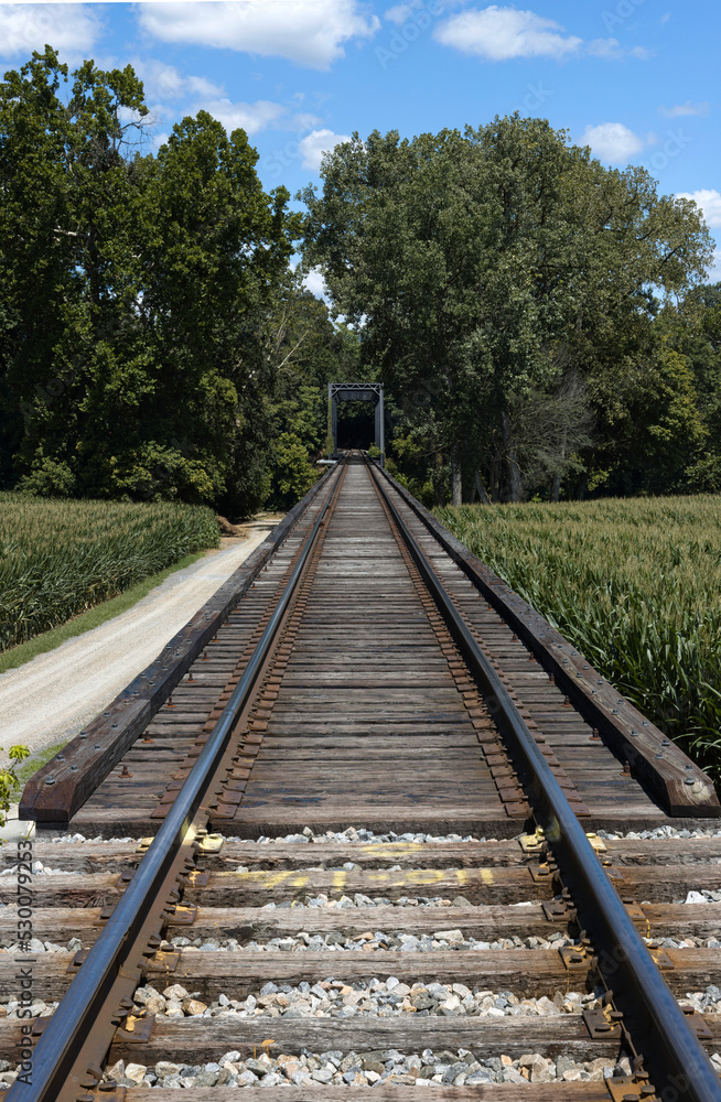 Obraz premium Train tracks before trestle bridge, Shenandoah, Virginia. 