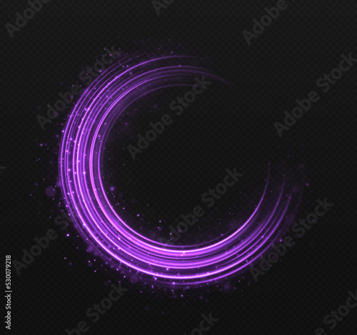 Magic spinning shiny rings. Shimmering circle rings with light effect. Sparkles rings with particles in transparent background.