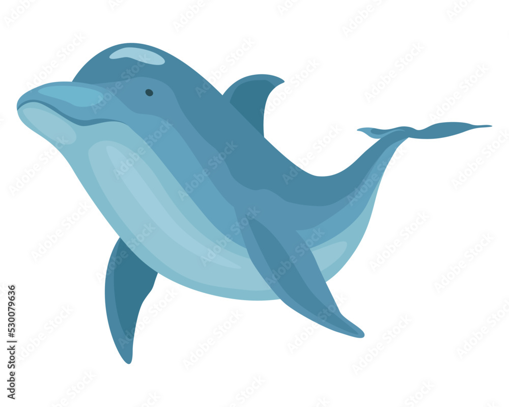 Obraz premium Dolphin cartoon character. Ocean mammal in motion isolated on white. Vector illustration of sea life blue fish or wild nature animal