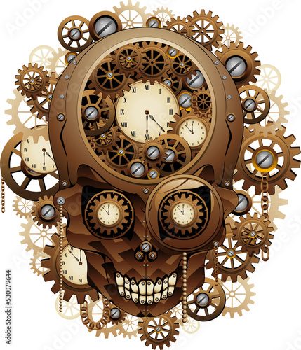 Steampunk Skull Creepy Vintage Retro Style Machine composed by Clocks, chains, gears, clockwork illustration isolated on transparent background copyright BluedarkArt TheChameleonArt.
 photo