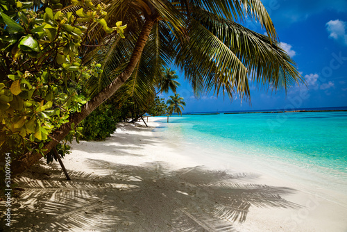 Landscape on Maldives island  luxury water villas resort and sandy beach. Beautiful sky and ocean and beach with palms background for summer vacation holiday and travel concept.  Tourism.