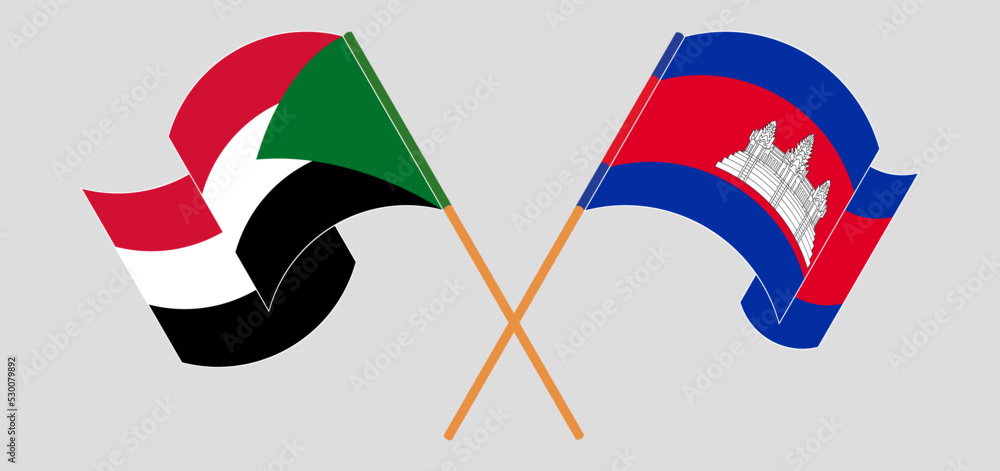Crossed and waving flags of the Sudan and Cambodia Crossed and waving flags of the Sudan and Cambodia