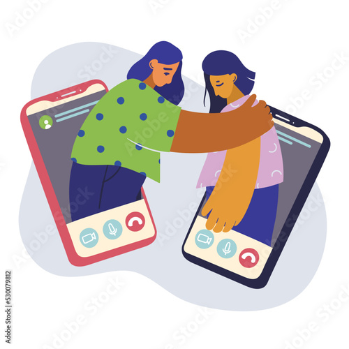 Woman hugging another young woman via smartphone. Concept, metaphor of online communication, friendship, distance help.