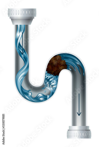 Clogged pipe drain and cleanser bottle. Canalization tube with water splash. Plumbing clog repair. Drain pipe clogged with mud