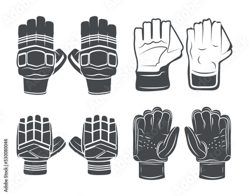 Best Cricket Gloves Vector Clip Art Black Set, Creative Unique Vector Illustrations Gloves  Design, Premium Vector Gloves  With White Background.