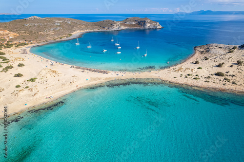 Aerial view of Simos beach in Elafonisos. Located in south  Peloponnese elafonisos is a small island very famous for the paradise sandy  beaches and the turquoise waters. photo