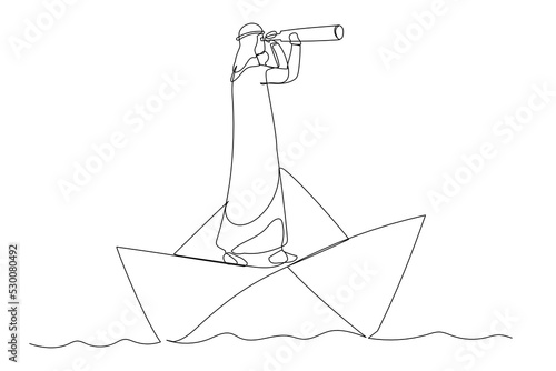 Illustration of arab businessman looks through a telescope standing on paper boat vector, business concept illustration. One continuous line art style