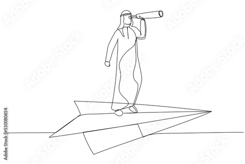 Illustration of arab businessman flying on paper plane. Business visionary and investment opportunity illustration. One line art style