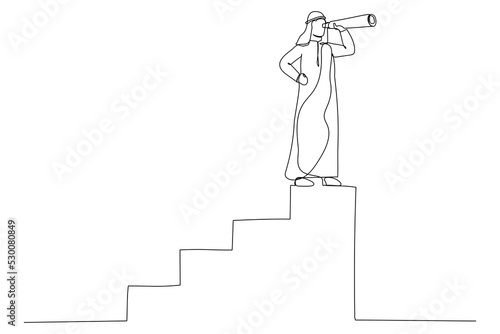 Illustration of arab businessman and telescope. Vision concept in business , symbol leadership, strategy, mission, objectives. One line style art