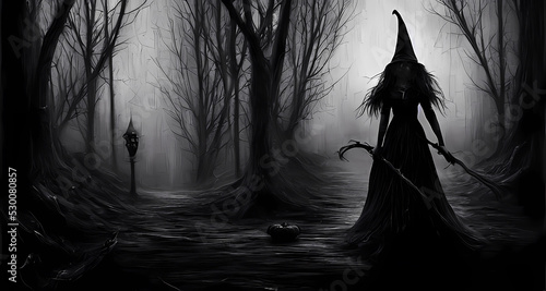 Witch Mystery Standing On The Dark And Scary Black Forest, Horror Concept. Digital Painting photo