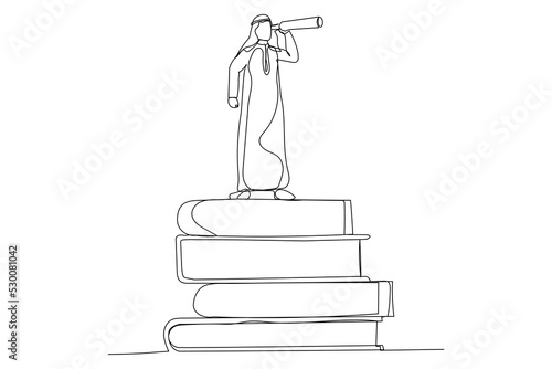 Illustration of arab businessman on books stack using telescope for good vision. Knowledge or education for personal improvement concept. One line art style