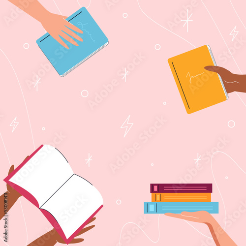 Exchange, buying or donation books. Hands giving books. Concept of books lovers, education, reading, development, library. Vector flat illustration.