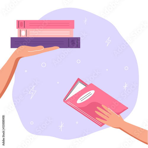 Reading books. Hands giving books. Concept of books lovers, education, reading, development, library. Vector flat illustration.