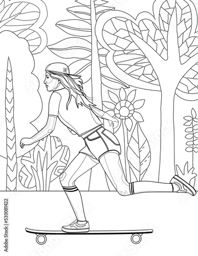 Girl Power. Feminine beauty. Hand drawing coloring for kids and adults. Coloring picture with beautiful girl, nature landscape. Happy skater life, attractive young woman. Active lifestyle