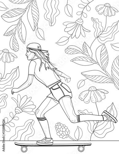 Girl Power. Feminine beauty. Hand drawing coloring for kids and adults. Coloring picture with beautiful girl, nature landscape. Happy skater life, attractive young woman. Active lifestyle