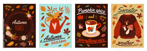 Cartoon autumn elements cards. Fall mood posters, yellow orange leaves, warm sweater, hot beverage, seasonal nature symbols, plants and berries, cozy mood lettering tidy vector isolated set