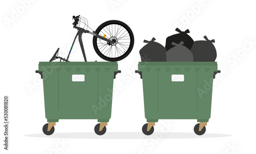 Two garbage containers, one of which contains a bicycle and the other with trash bags on a white background