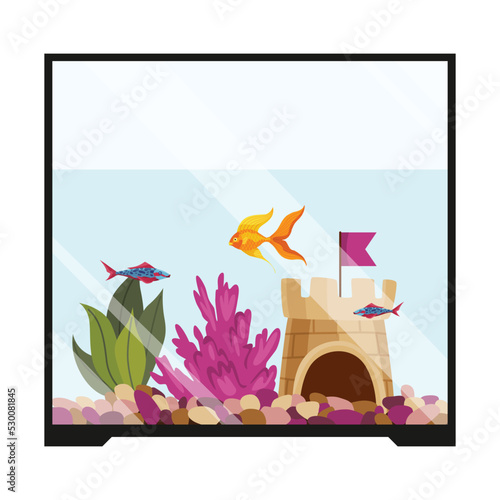 Realistic aquarium with fish and algae. Decoration aquaria kit with undersea castle, cute goldfish or algae. Aquarium bundle. Accessory for aquarium