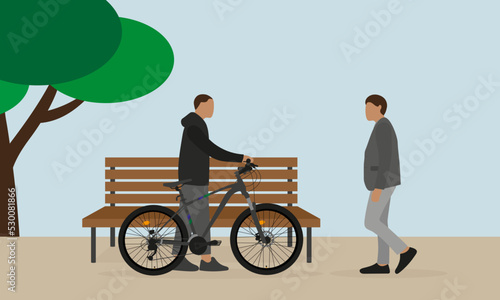 Two male characters, one with a bicycle, are talking outdoors photo