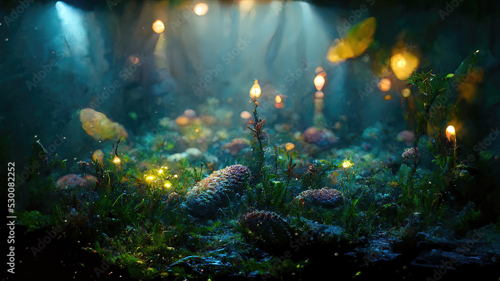Dark magical underwater ocean scene with glowing lights - obrazy, fototapety, plakaty 