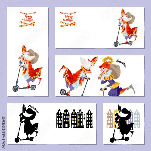 Set of 5 universal cards and banners with Sinterklaas (Santa Claus) and his helper deliver gifts on a scooter