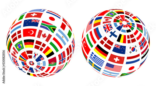 Flags of the world on a globes, 3d icon and business logo illustration.