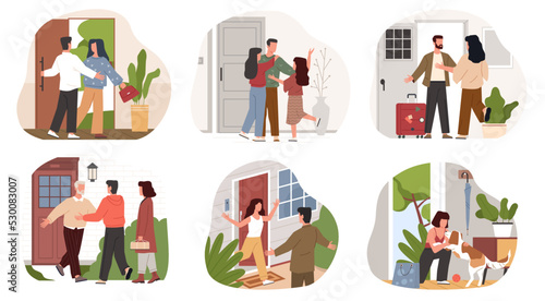 People return home. Happy men and women on house threshold, long awaited meeting, end working day, dog happy with owner, family and romantic relationships, nowaday vector cartoon set
