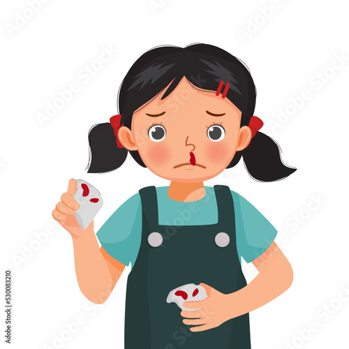 cute little girl wipe his bleeding nose with tissue paper