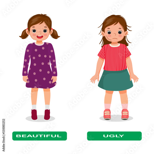 Opposite adjective antonym words beautiful and ugly illustration of pretty little girl with tied hair and messy hair with scar face
