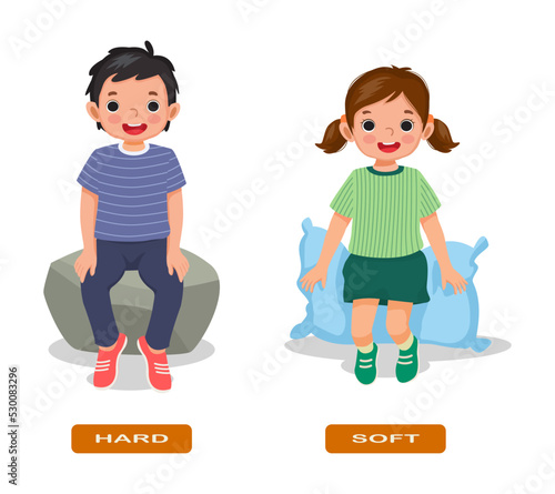 Opposite adjective antonym words hard and soft illustration of little boy and girl sitting on rock and pillow