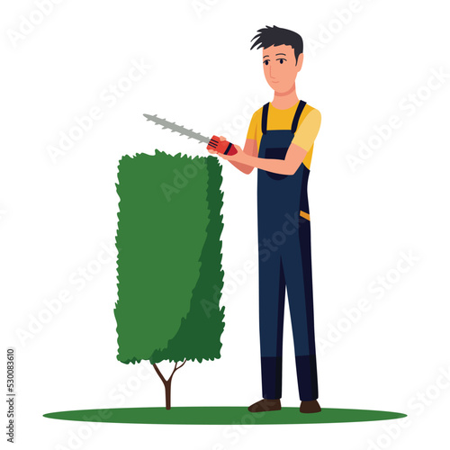 Professional gardener trimming plant with hedge trimmer. Man working in backyard. Colored flat vector illustration of worker in uniform isolated on white background