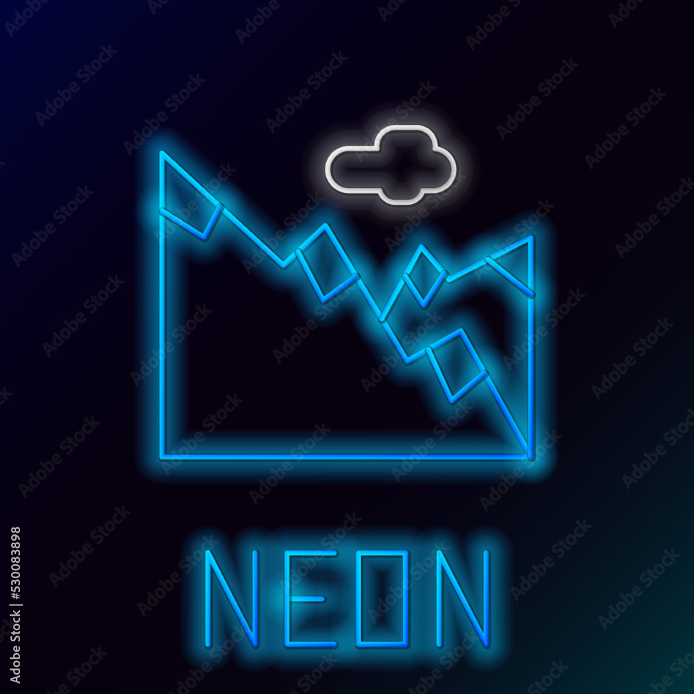 Glowing neon line Mountains icon isolated on black background. Symbol of victory or success concept. Colorful outline concept. Vector Glowing neon line Mountains icon isolated on black background. Symbol of victory or success concept. Colorful outline concept. Vector