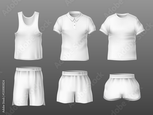 Realistic t-shirts and short. Empty white summer sport outfits front view, football casual clothes, blank empty textile, clean soccer uniforms mockup, mens underwear, utter vector isolated set