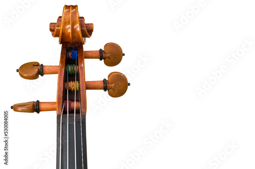 dettaglio di collo di violino con tastiera, piroli e ricciolo in evidenza su sfondo trasparente photo