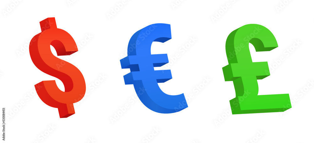 Colored currency symbols. Volume 3d signs of red dollar and blue euro green pound sterling Colored currency symbols. Volume 3d signs of red dollar and blue euro green pound sterling