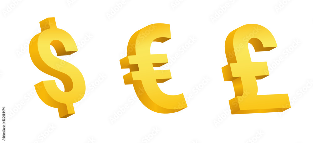 Golden currency symbols. Volume 3d signs of dollar and euro pound sterling Golden currency symbols. Volume 3d signs of dollar and euro pound sterling