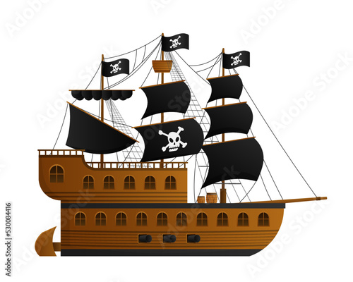 Cartoon pirate ship. Wooden corsair caravel sailing under black sails with skull and crossbones flag dangerous schooner to capture vector ships.