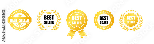 Gold sticker best seller set. Elite round label award to qualified marketer for promotions and volumes of advertising vector sales