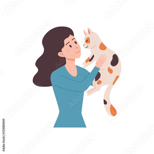 Young woman raises in arms cute spotted cat flat style