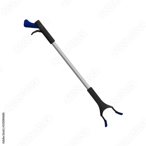 Modern stick grabber. Aluminum device with blue automatic handle and tongs