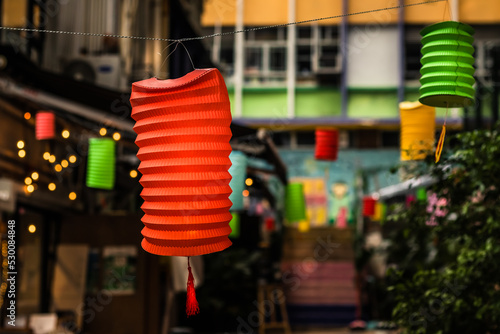 Festival. Coloured lanterns hang in an alley for the Chinese Mid Autumn Festival.