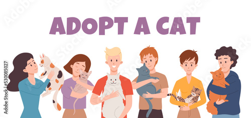 Adopt a cat banner or poster template with characters, flat vector illustration.