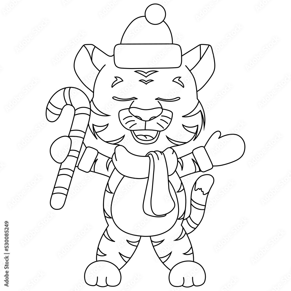 a tiger cub in a Santa Claus New Year's hat, mittens and a scarf stands with a lollipop, hand drawing, line a tiger cub in a Santa Claus New Year's hat, mittens and a scarf stands with a lollipop, hand drawing, line