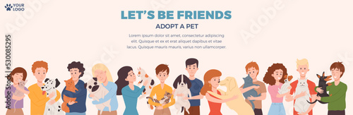 Banner with people hugging cats and dogs flat style, vector illustration